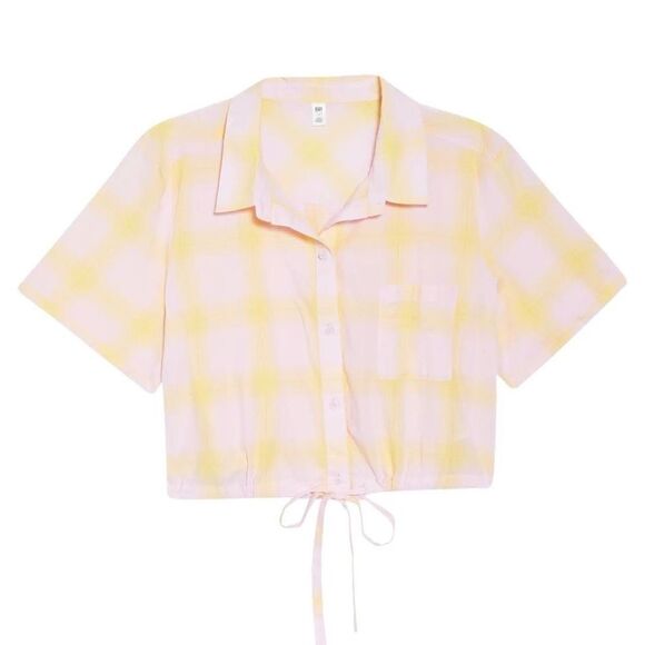 BP Nordstrom cropped button up shirt pink yellow windowpane NWT NEW 1X - Picture 2 of 8